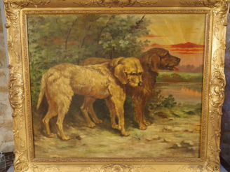 Vente aux enchères CHAMBRE 1 Ecole XIXème "Les deux chiens". Huile sur toile. Dim. : 85 x