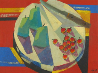 Vente aux enchères Seif WANLY 'Nature morte aux fruits et au couteau'. Huile sur papier, 