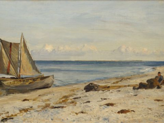 Vente aux enchères Otto BACHE 'Pêcheurs sur la plage'. Huile sur toile signée en bas à dr
