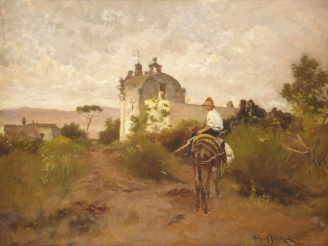 Vente aux enchères H. DERIDZEN 'Jeune paysan sur son ane'. Huile sur panneau, signée en b