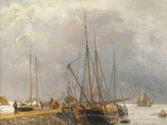 Vente aux enchères LUBBERS 'Le quai'. Huile sur toile, signée en bas à gauche et datée 19