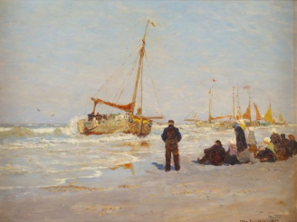Vente aux enchères PEDERSEN 'Retour de pêche'. Huile sur panneau, signée en bas à droite 