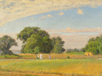 Vente aux enchères J. SKOVGAARD 'Promenade aux champs'. Huile sur toile, monogrammée en b