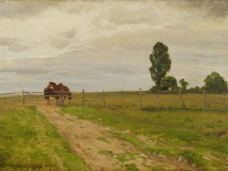 Vente aux enchères J. SKOVGAARD 'Paysage et chevaux'. Huile sur toile, signée en bas à ga