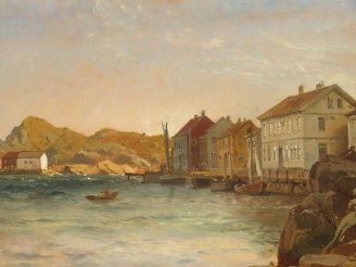 Vente aux enchères CF. SORENSEN 'Ville en bord de mer'. Huile sur toile, signée en bas à 