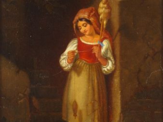 Vente aux enchères Ecole XIXème 'Jeune fileuse'. Huile sur toile. 27 X 20 cm