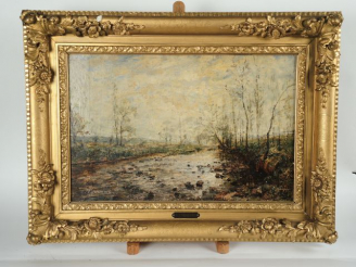 Vente aux enchères L. CARRAND 'Paysage lacustre'. Huile sur toile. Signée en bas à gauche
