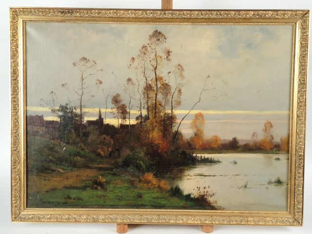 CHEMIN 'Personnages cheminant près du lac'. Huile sur toile. Signée en