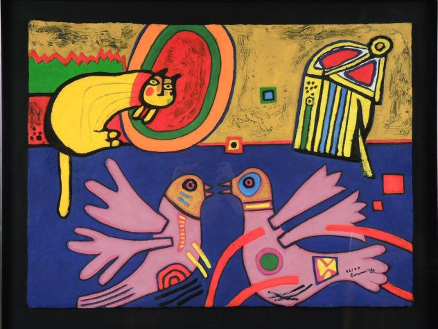 CORNEILLE 'Deux oiseaux et le chat'. Aquagravure numérotée 36/70