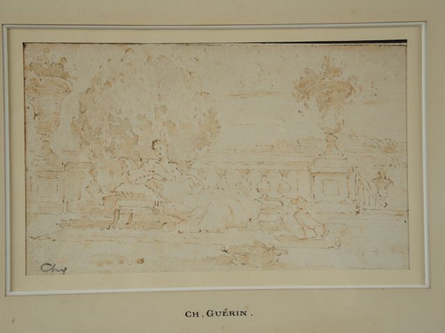 Charles GUERIN 'Elégante et son chien sur le perron'. Lavis. Monogramm