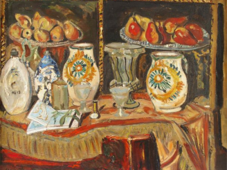 Vente aux enchères Mario CAVAGLIERI 'Nature morte aux faïences et aux fruits'. Huile sur 