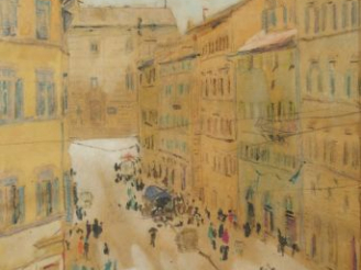 Vente aux enchères Mario CAVAGLIERI 'Rue animée'. Aquarelle sur papier. 28,5 x 20 cm à vu