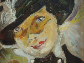 Vente aux enchères Mario CAVAGLIERI 'Jeune femme au chapeau et au loup'. Huile sur carton