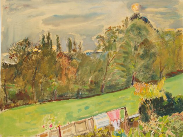 Mario CAVAGLIERI 'Jardin et prairie'. Dessin aquarellé signé en bas à 