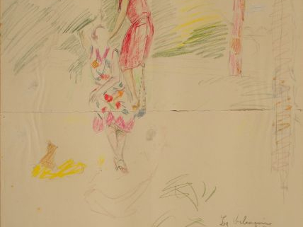 Mario CAVAGLIERI 'La balançoire'. Dessin au crayons de couleurs sur de
