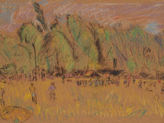 Vente aux enchères Mario CAVAGLIERI 'Campement scout à Peyloubère'. Dessin à l'encre et a