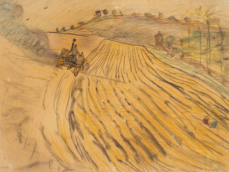 Vente aux enchères Mario CAVAGLIERI 'le labour'. Dessin au crayon de couleur et fusain. S