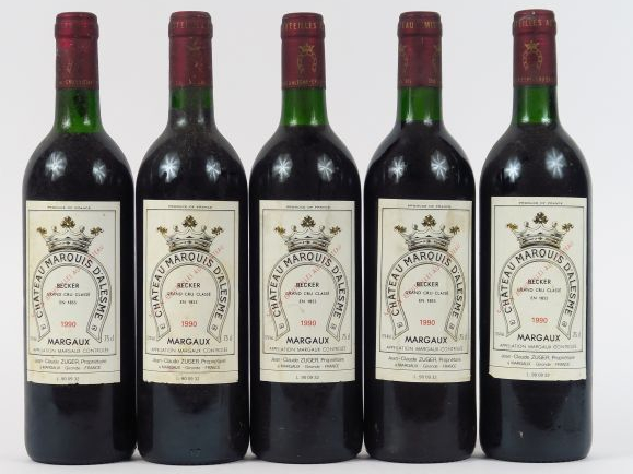 5 BOUTEILLES CHÂTEAU MARQUIS D'ALESME GCC MARGAUX - 1990 - 4 LB/ETLA