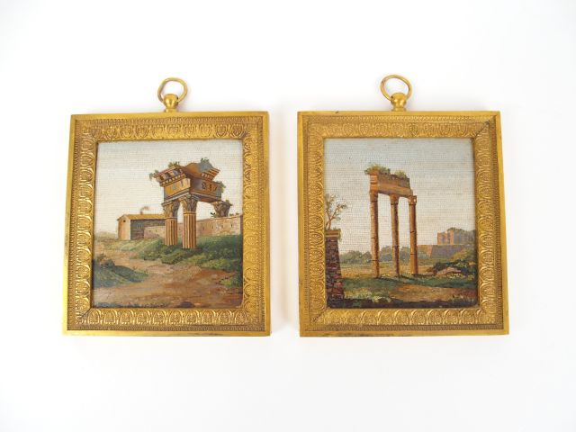 Paire de micro-mosaïques début XIXe représentant des ruines antiques. 