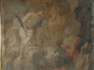 Vente aux enchères Ecole française XVIIe 'L'annonciation'. Huile sur toile (mauvais état)