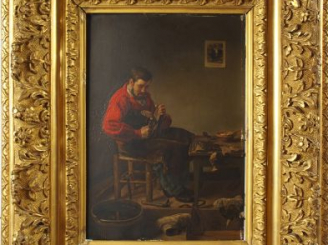 Vente aux enchères F. BONVIN 'Le sabotier'. Huile sur panneau signée en bas à droite et d