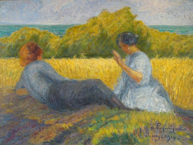A. LAGARRIGUE ‘Conversation au bord de la mer’. Huile sur toile, signé