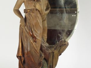 Miroir de toilette 1900 en stuc polychrome "Jeune femme à la rose" (pe