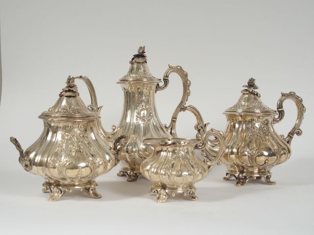 Service à thé et à café de style Louis XV, Napoléon III, en argent poi