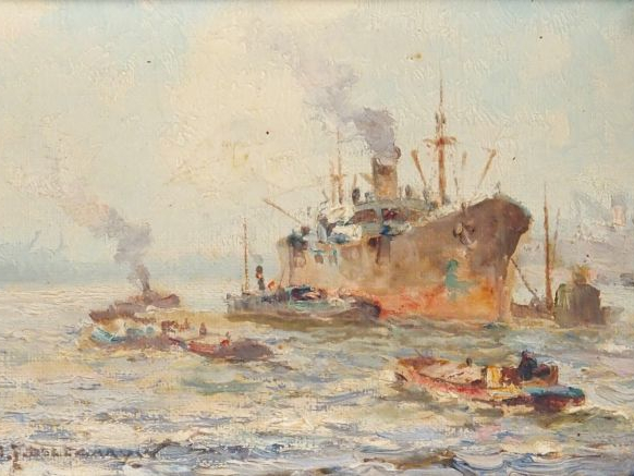 DELFGAAUW, "Le port". Huile sur toile. Signée en bas à gauche. Dim. : 