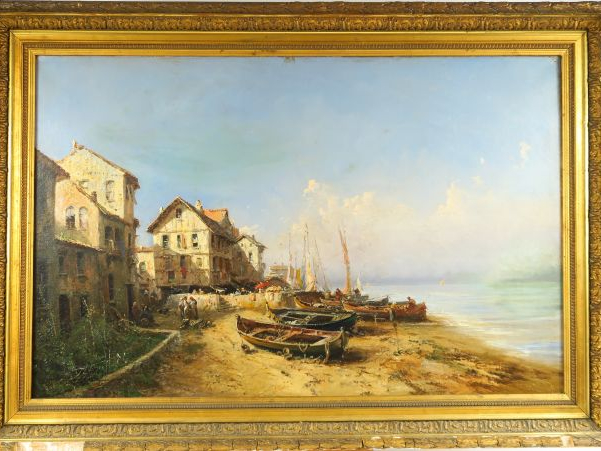 GODCHAUX 'Ville de bord de mer animée' Huile sur toile, signée en bas 