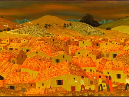 Max SAVY 'La petite ville".  Huile sur toile, signée en bas à droite. 