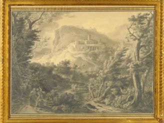 Vente aux enchères Ecole française fin XVIIIème début XIXème "Paysage animé à la cascade"