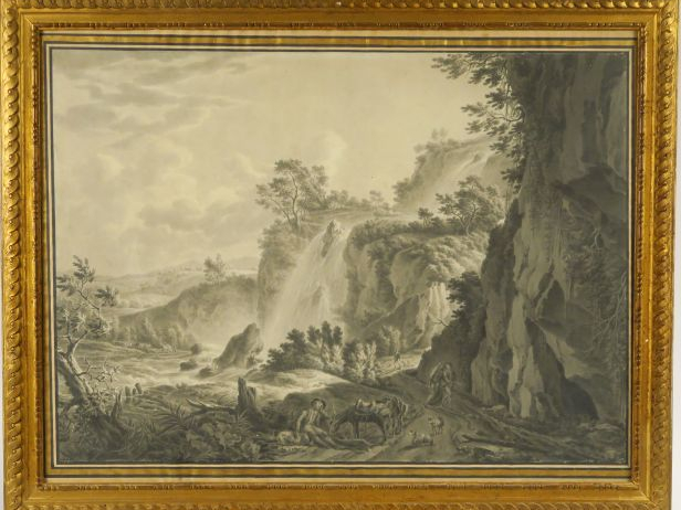 Ecole française fin XVIIIème début XIXème "Paysage animé à la cascade"