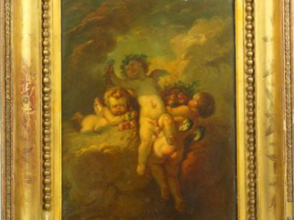 Vente aux enchères Ecole française XIXème 'Les trois Puttis'.  Huile sur panneau 32 x 24,