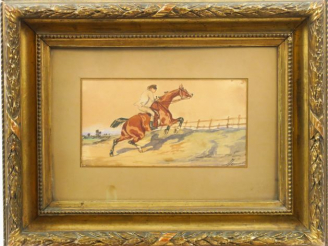 Vente aux enchères Ecole anglaise fin XIXème 'le saut d'obstacle'. Aquarelle, signée en b