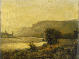 Vente aux enchères Ecole française XIXème 'bord de rivière'.  Huile sur toile, signée en 