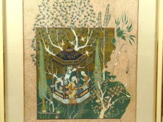 Vente aux enchères Grande gouache persanne XIXème "Scène galante sous un kiosque dans un 