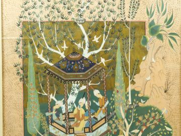 Grande gouache persanne XIXème "Scène galante sous un kiosque dans un 