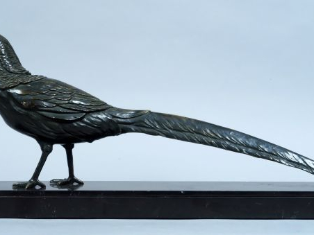 Sculpture Art Déco en bronze à patine verte "Faisan".  Socle en marbre