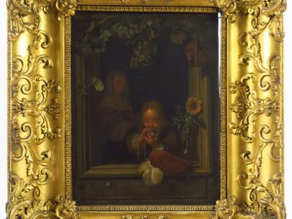Ecole française XIXème "Jeune fille à la bulle" Huile sur zinc. Dim. 2