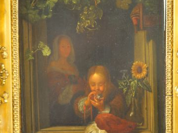 Ecole française XIXème "Jeune fille à la bulle" Huile sur zinc. Dim. 2