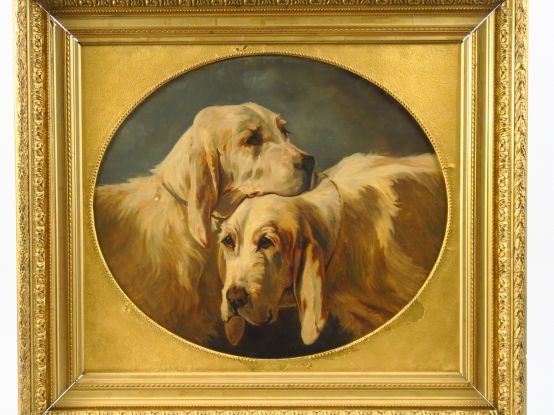 Ecole française XIXème "Portrait de chiens de chasse" Huile sur toile.