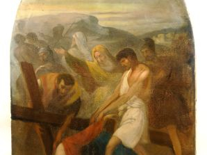 Ecole française XIXème "Chemin de croix".  Paire d'huiles sur toile. D