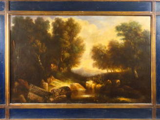 Vente aux enchères Ecole française XVIIème "Paysage aux ruines" Huile sur toile, cadre d'