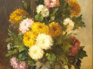 Ecole française XIXème "Bouquet de fleurs dans un vase en faïence".  H