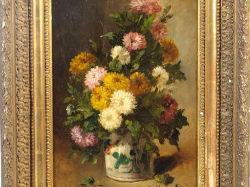 Ecole française XIXème "Bouquet de fleurs dans un vase en faïence".  H