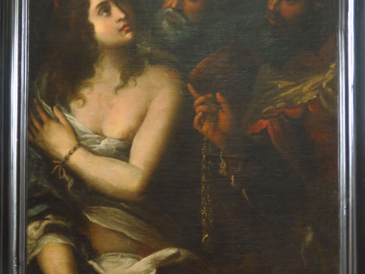 Ecole italienne XVIIème "Suzanne et les Vieillards". Huile sur toile. 