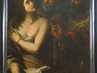 Vente aux enchères Ecole italienne XVIIème "Suzanne et les Vieillards". Huile sur toile. 