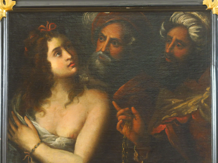 Ecole italienne XVIIème "Suzanne et les Vieillards". Huile sur toile. 