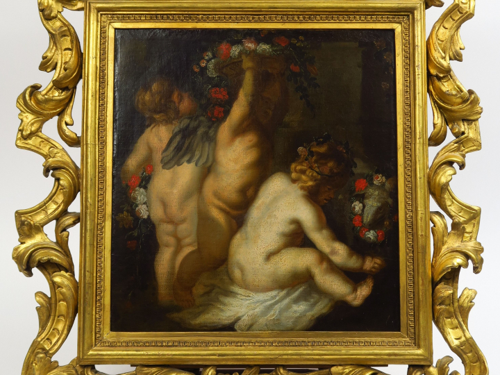 Ecole XVIIIème "Amours aux fleurs" Huile sur toile, dans un cadre en b